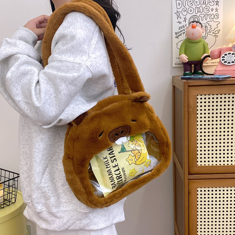 New Cartoon Strawberry Bear Capibara Transparent plush bag 2024, cute large-capacity transparent tote bag wholesale Application Scenario