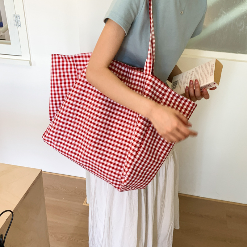 Trendy checkered large-capacity canvas bag for women 2025 new style casual and laid-back shopping bag, lightweight single-shoulder tote bag Specification drawing