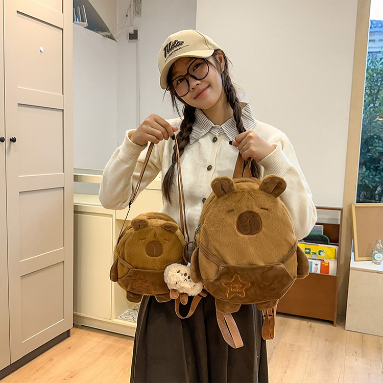 New Capibara crossbody bag for Women 2025, a new cartoon plush small backpack, a casual and girlish travel bag details Picture