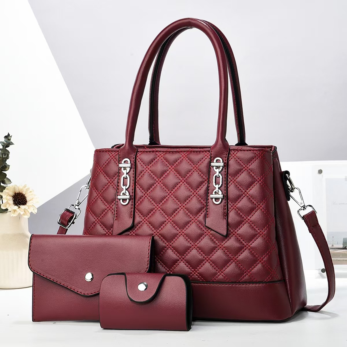 New diamond-shaped checkered mother bag three-piece set, multi-layer large-capacity fashionable handbag, cross-border versatile single-shoulder bag, crossbody bag Specification drawing