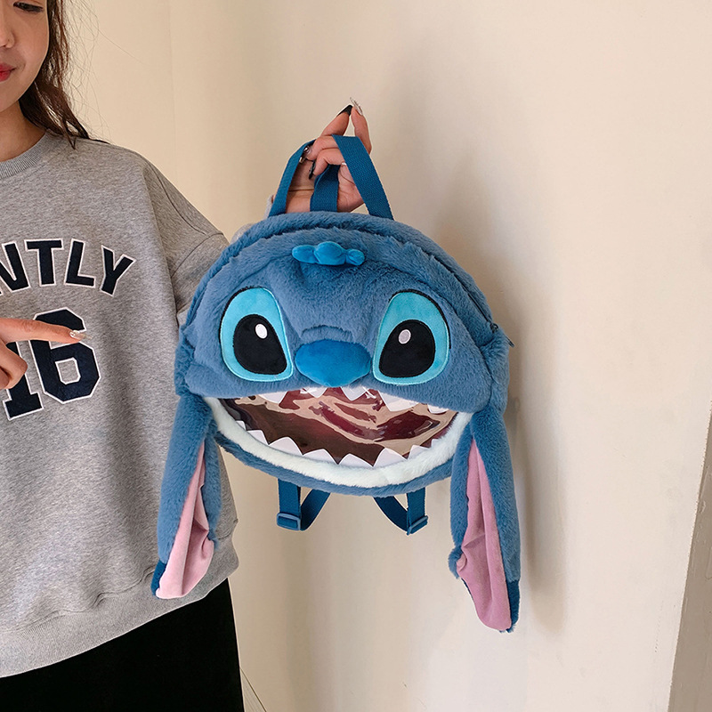 The 2023 new cute and fluffy blue Teddy monster backpack for women is a stylish travel bag Specification drawing