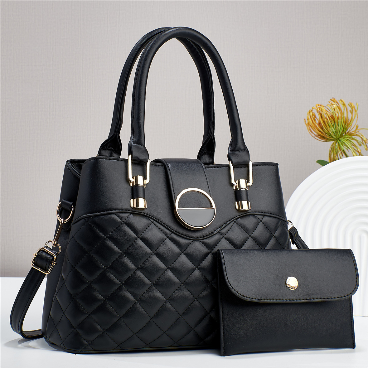2023 New diamond-shaped embroidery thread cross-border spliced mother-and-child bag, simple solid color, large capacity single-shoulder hand-carry texture women's bag Specification drawing