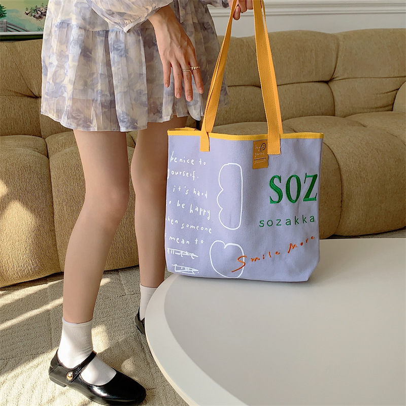 3612 New contrasting color woven strap canvas bag, ins embroidery single-shoulder bag, large-capacity female student tote bag Specification drawing