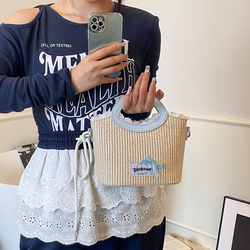 Trendy and fashionable bow lace edge hand-held bucket bag for women 2025 new style casual and stylish woven single-shoulder crossbody bag details Picture