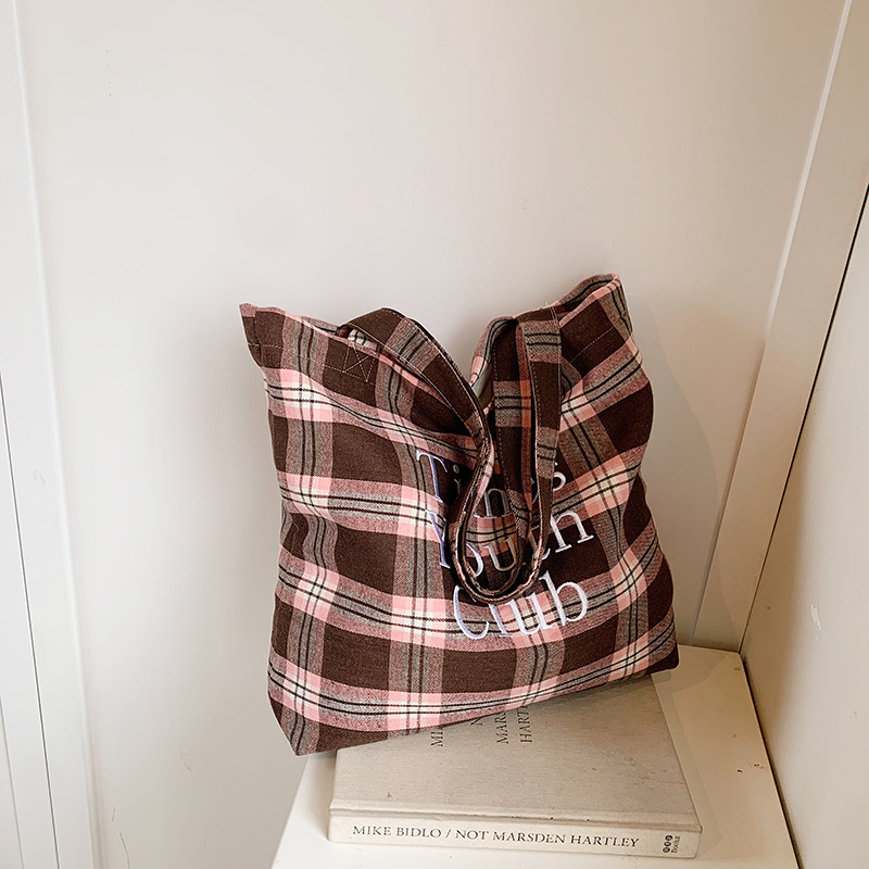Casual and simple embroidered checkered canvas bag for women, 2024 new large-capacity lazy style cloth bag commuter tote bag Specification drawing