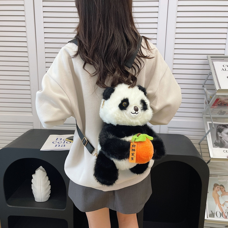 New cartoon "Good Persimmon Happens" panda plush toy double backpack, realistic panda souvenir children's backpack gift Specification drawing