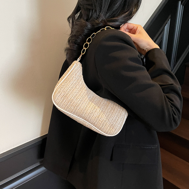 Spring and Summer new woven linen contrasting color single-shoulder crossbody bag, fashionable commuting crossbody bag, underarm bag for women Specification drawing
