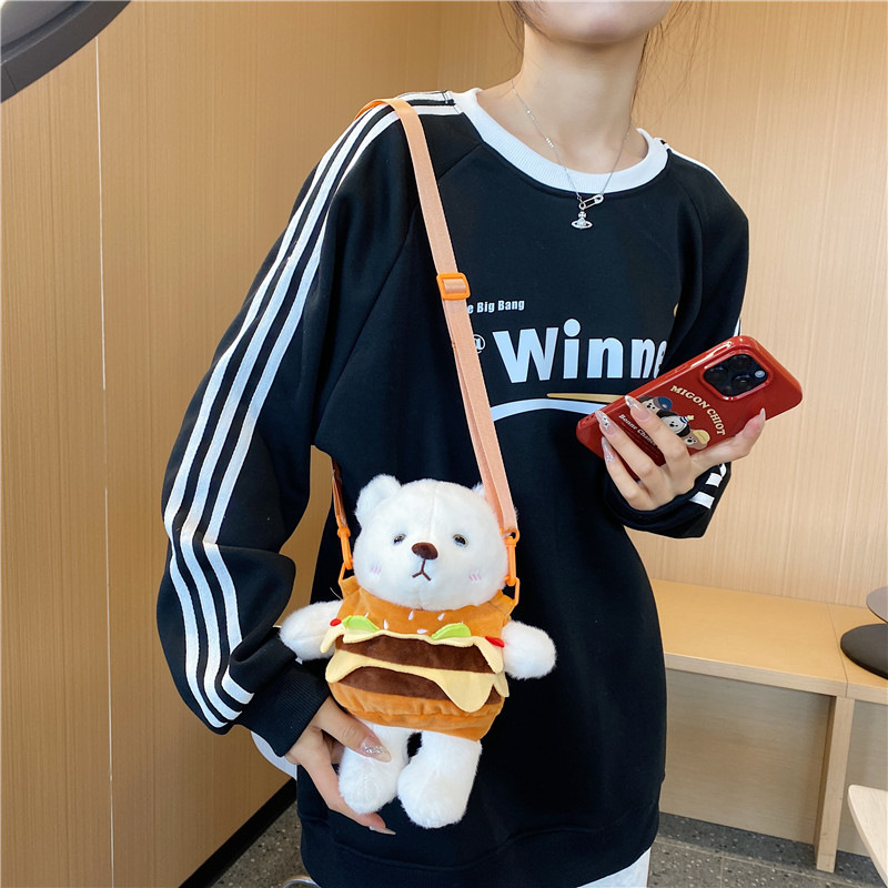 New cartoon creative detachable Hamburger bear crossbody bag, plush doll crossbody bag, versatile accessories, loose change bag full figure