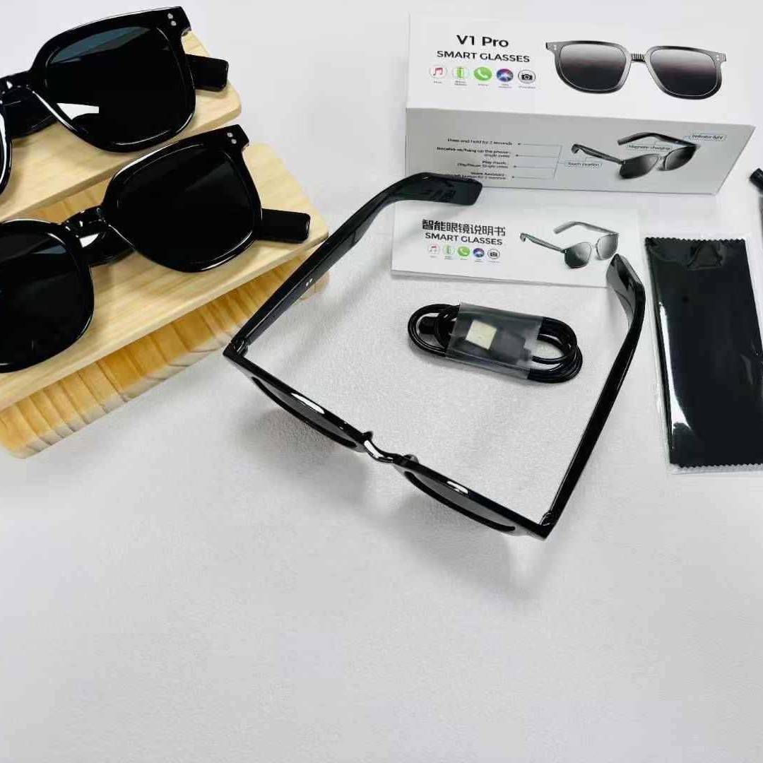 The cross-border bestseller V1 Pro smart glasses support Bluetooth calls, music song switching, remote control for taking photos, and an Ai voice assistant Specification drawing
