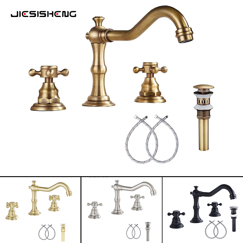 Cross-border French retro brass washbasin faucet three-piece set, double-handle split three-hole cold and hot splash-proof faucet full figure