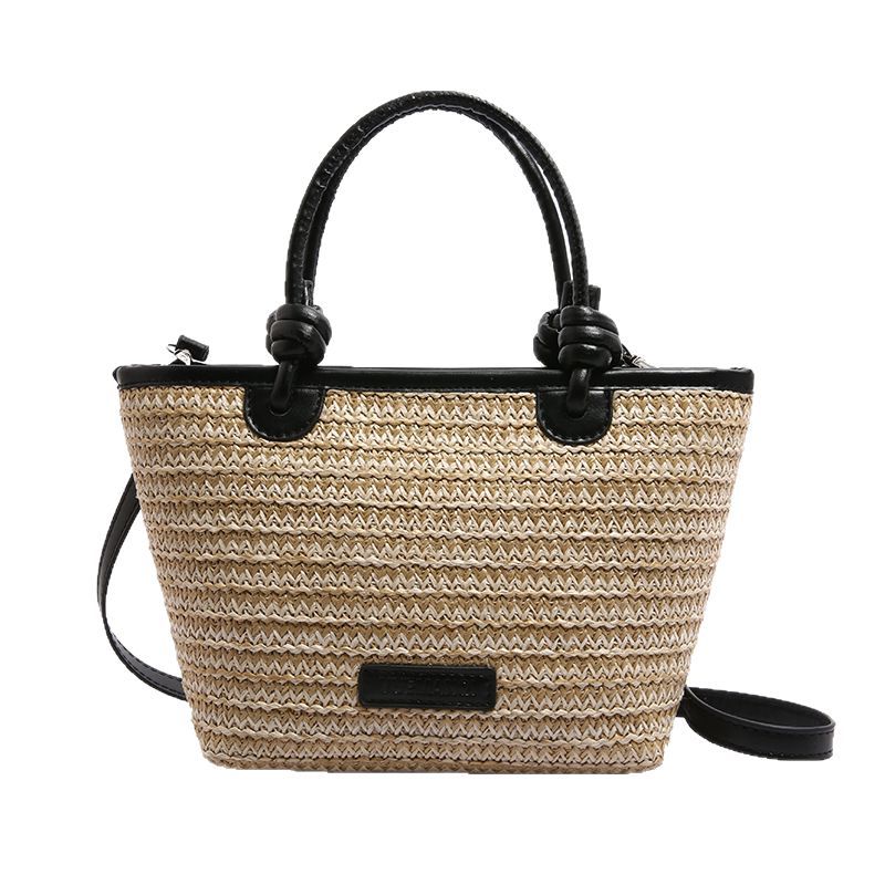 The 2025 new best-selling Korean-style patchwork straw woven vegetable basket single-shoulder crossbody bag is fashionable, simple and large-capacity bucket bag Item Picture