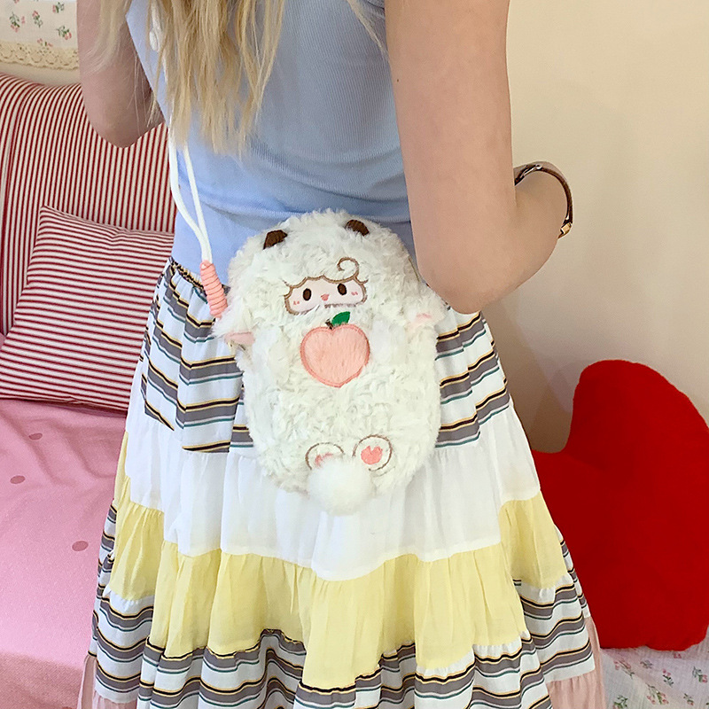 New cute little sheep plush bag, cartoon doll, crossbody bag, girlish mobile phone bag, claw machine doll for exchange Specification drawing