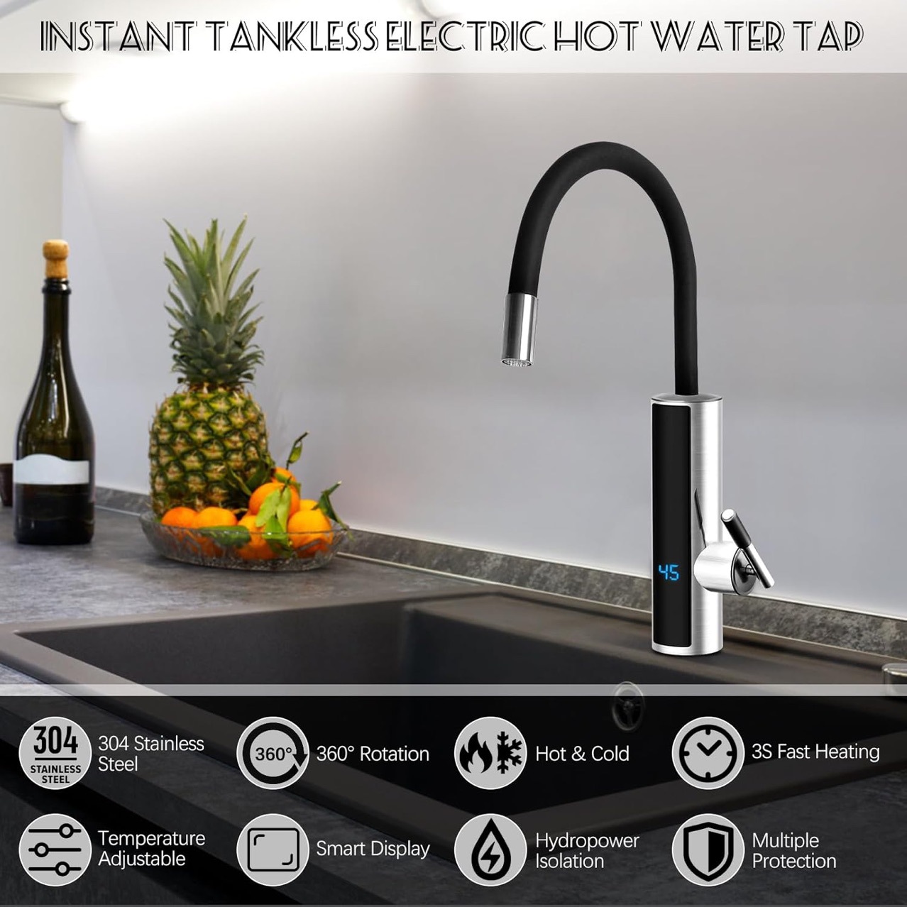 【 New Model Launched in 2025 】S5 stainless steel electric heating instant hot water faucet with black silicone universal joints Application Scenario
