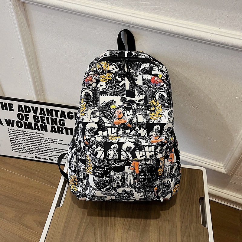 A new IINs-style simple campus backpack with a unique student graffiti style and a large-capacity casual backpack full figure