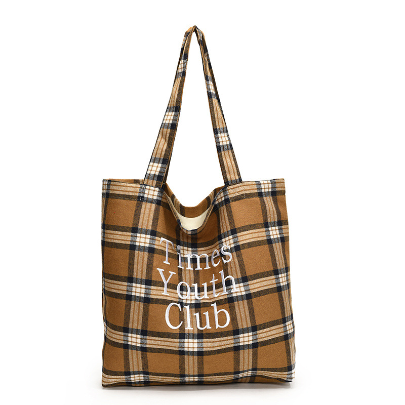 Casual and simple embroidered checkered canvas bag for women, 2024 new large-capacity lazy style cloth bag commuter tote bag Item Picture