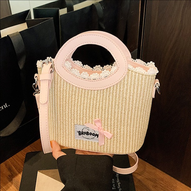 Trendy and fashionable bow lace edge hand-held bucket bag for women 2025 new style casual and stylish woven single-shoulder crossbody bag full figure