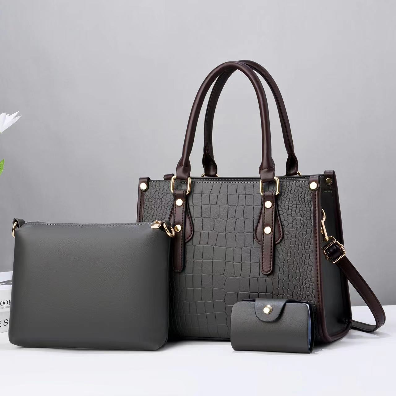 Three-piece set of women's buns and mother bags 2023 new style contrasting color stone pattern three-mouth bag, cross-border single-shoulder crossbody, stylish and elegant texture Item Picture