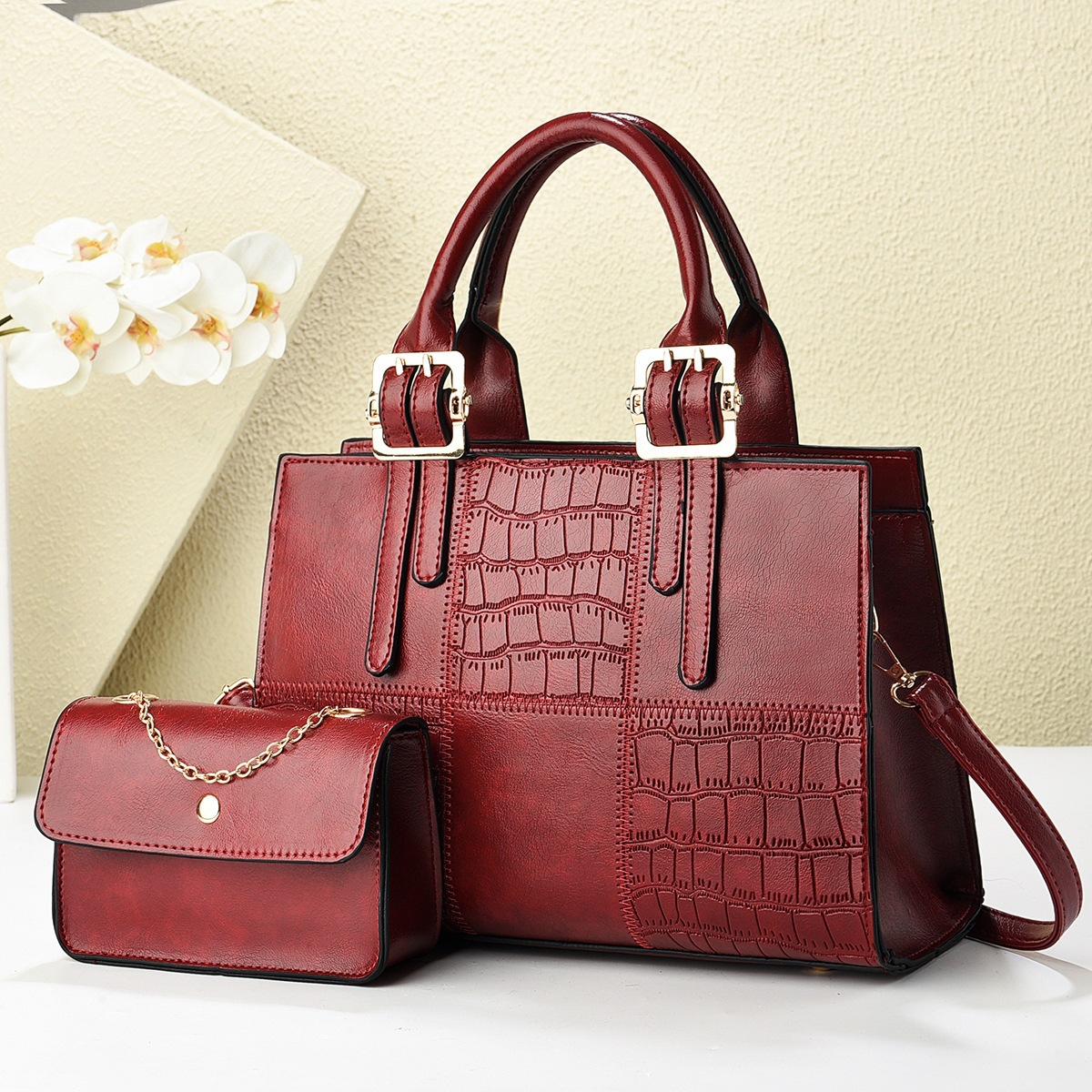The new checkered stone pattern mother-and-child bag is fashionable and versatile, with a high level of appearance. It is a cross-border trend single-shoulder crossbody bag Specification drawing