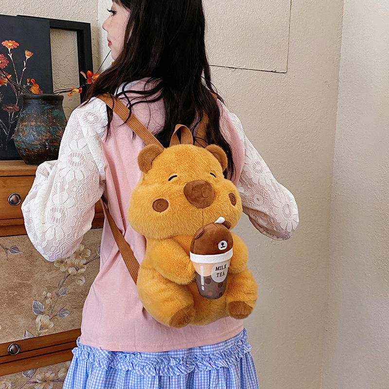 New Q-style chubby milk tea capybara doll backpack, cute plush doll, children's companion birthday gift Specification drawing