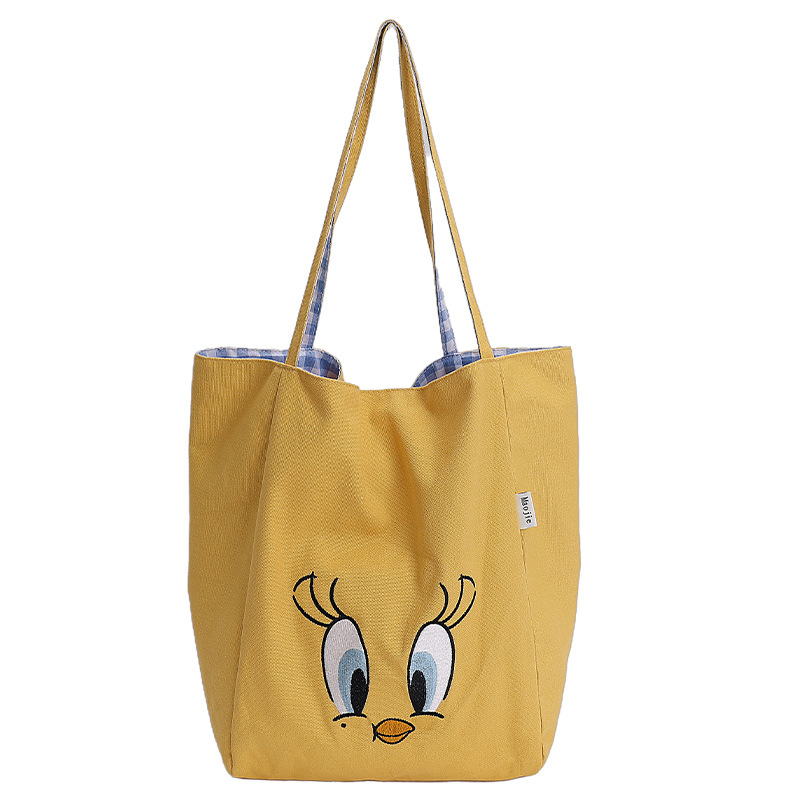 2025 Summer New Japanese-style bucket bag, embroidered canvas bag, large-capacity handbag, trendy tote bag, single-shoulder bag Item Picture