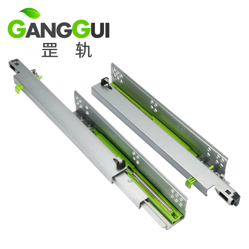 Bottom damping buffer slide rail, hidden three-section rebound bottom drawer slide rail, hidden drawer bottom installation rail full figure