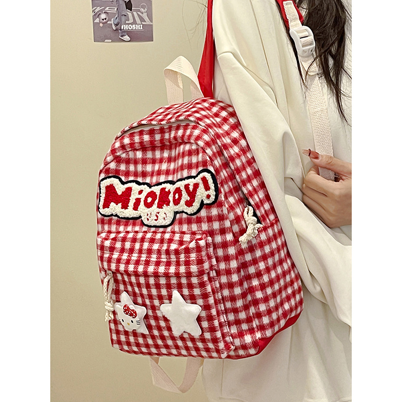 A new cartoon double backpack with large capacity, retro red checkered, school-style KT backpack, Japanese-style cute girl's double shoulders details Picture