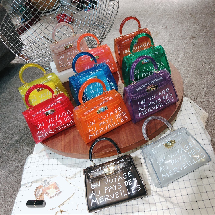 2025 Korean version semi-transparent PVC jelly bag, high-temperature set lock letter bag, hand-held Kelly bag, single-shoulder hand-held full figure