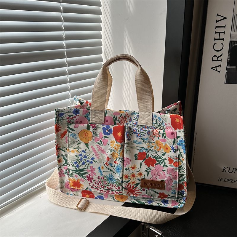 Autumn floral print bag, personalized 2024, large capacity double-pocket, stylish beach shopping bag, crossbody single-shoulder handbag for women full figure