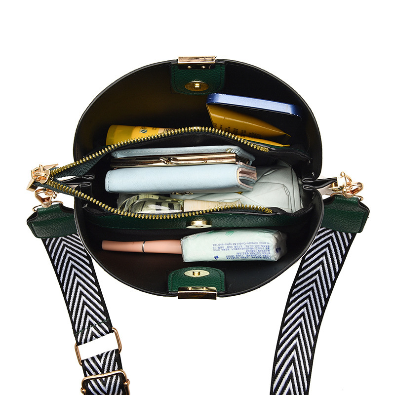 Small bag Women's Bag 2022 new style bucket bag, trendy casual color contrast wide shoulder strap single-shoulder crossbody bag, one-piece consignment Application Scenario