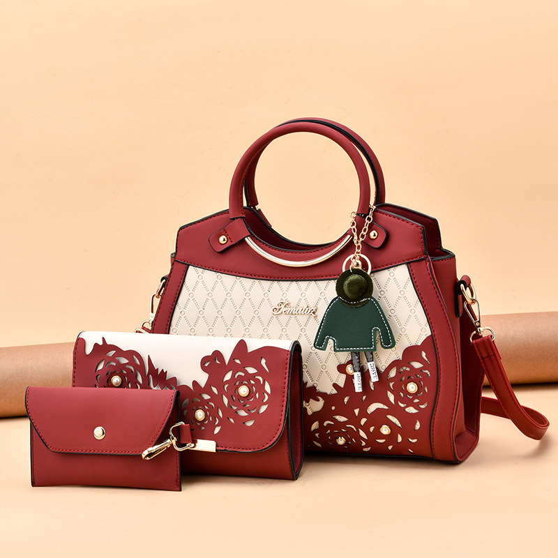 Cross-border foreign trade three-piece set mother-and-child bag 2022 New PU fashionable ethnic style hollowed-out women's bag large capacity handbag details Picture