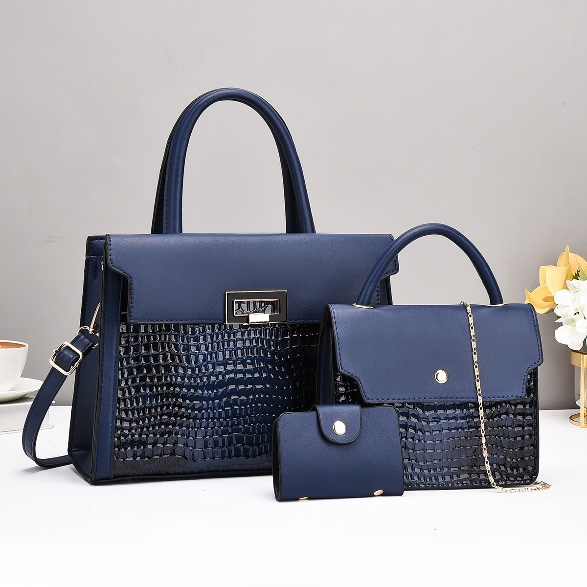 New fashionable PU three-piece women's bag, cross-border mother-and-child bag, 2024 European and American leather women's hand-held shoulder bag Specification drawing