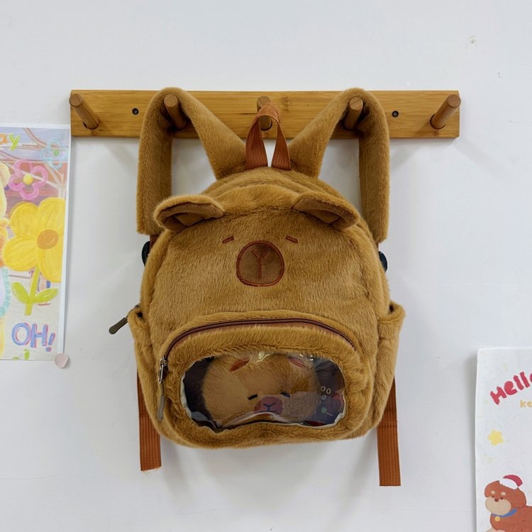 The new summer Capibara plush backpack is cute and versatile, a pain-relieving bag for girls, and a cartoon capybara student small backpack details Picture