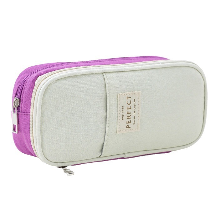 Macaron retractable pen case, large-capacity Amazon simple stationery box wholesale, double-layer color-blocked canvas student pen case Item Picture