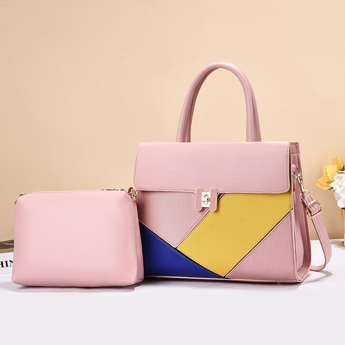 Cross-border foreign trade spliced women's crossbody bag, European and American PU business handbag, women's two-piece set details Picture