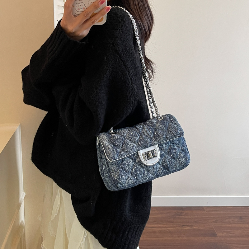 Cross-border small square bag, diamond-shaped chain underarm bag for women, 2025 new trendy single-shoulder bag, denim versatile crossbody bag Specification drawing