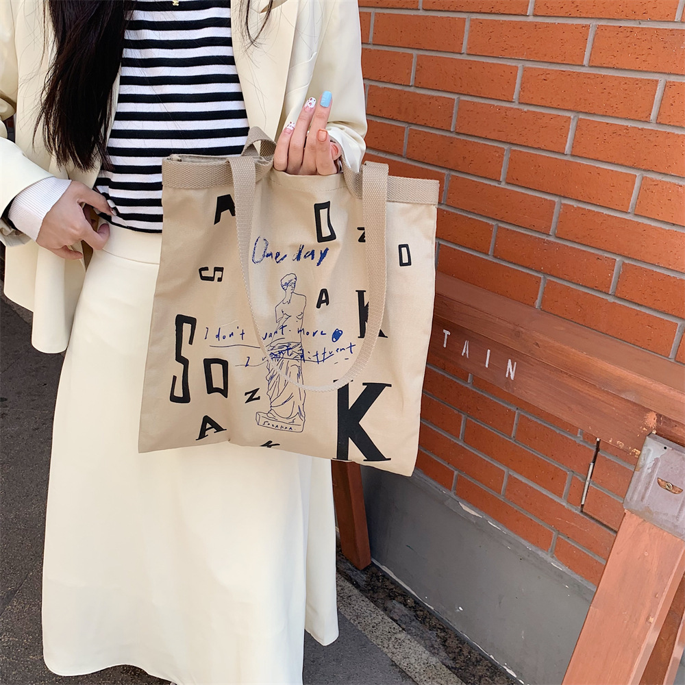 23021 letter printed large-capacity single-shoulder bag, canvas bag, simple Korean-style handbag for women, shopping bag for going out full figure