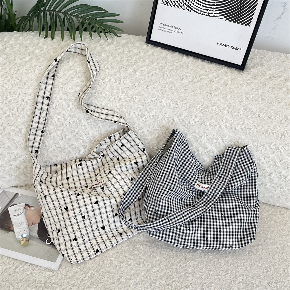 5741 Korean version simple and lightweight checkered crossbody tote bag, 2025 new versatile shoulder bag, summer canvas bag Specification drawing