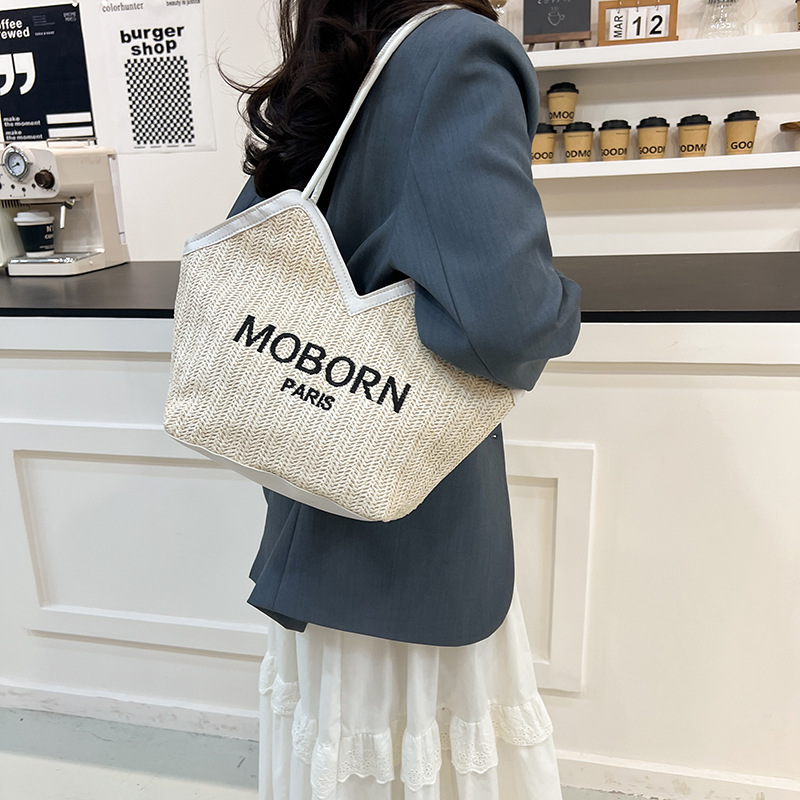 A trendy women's 2025 straw woven casual single-shoulder underarm bag and a fashionable letter-color casual tote bag details Picture