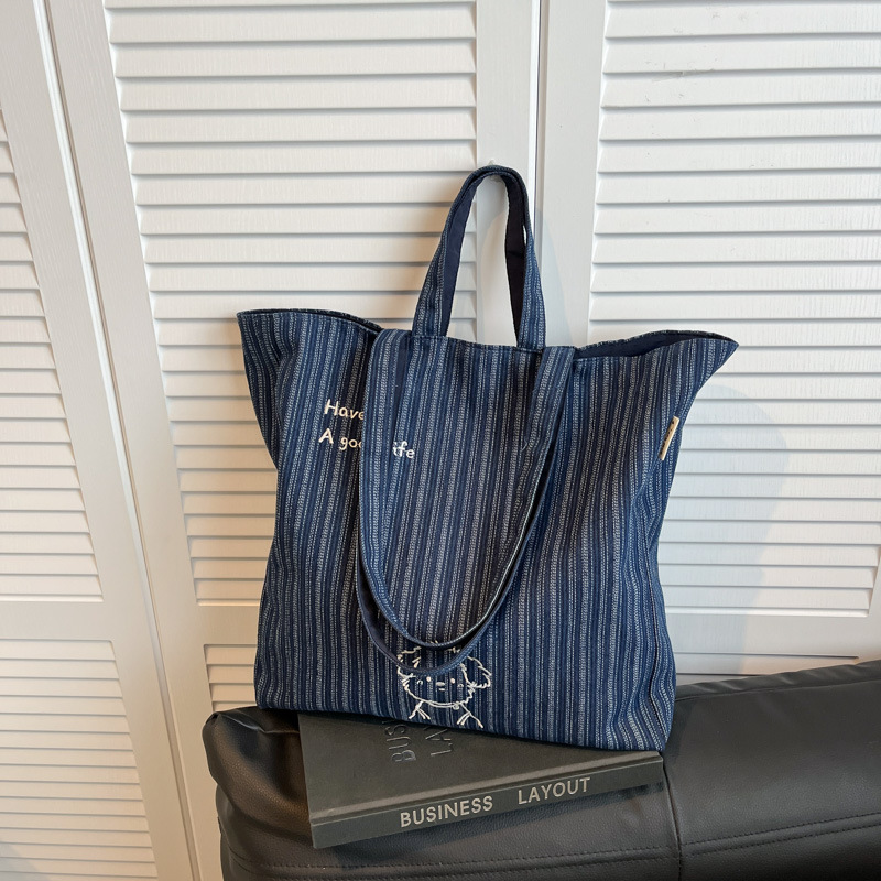 2025 New denim bag, double-sided backpack with embroidery, Korean InS-style tote bag, casual single-shoulder large capacity bag details Picture