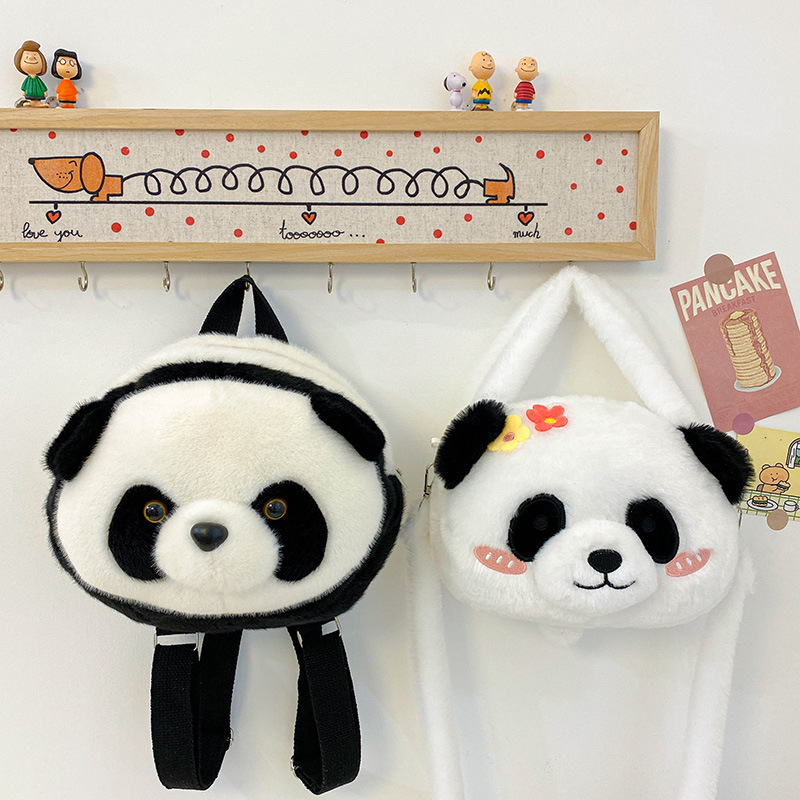 New cartoon soft and cute flower panda crossbody bag, adorable plush double-back panda claw machine doll exchange and wholesale full figure