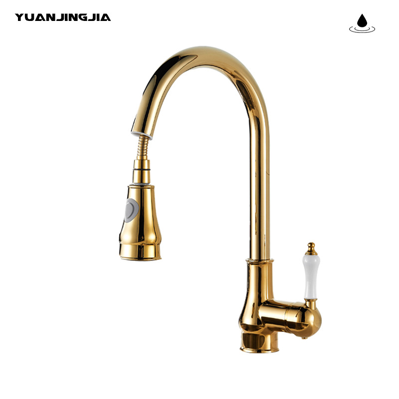 Golden French light luxury retro copper kitchen pull-out faucet, household sink, sink, rotating hot and cold water faucet Item Picture