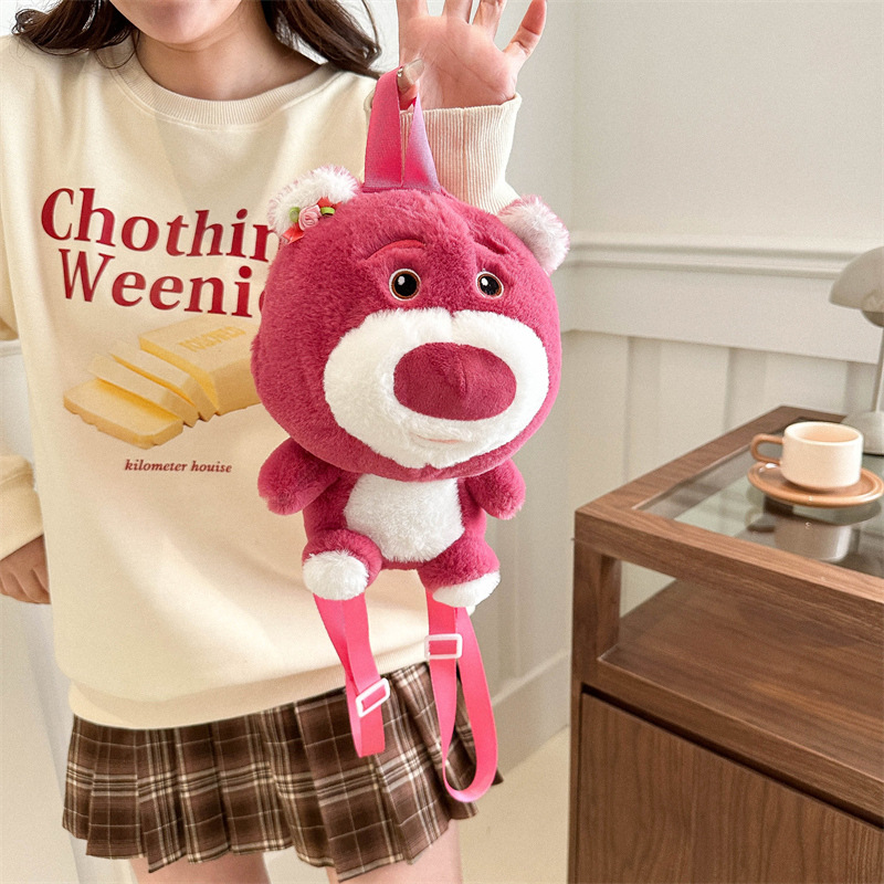 New cartoon sweet plush toy bag, children's cute strawberry bear backpack, claw machine doll exchange bag details Picture