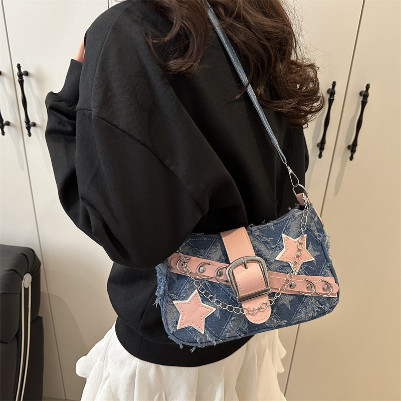 Trendy and individualistic hot girl 2025 Star New casual denim chain hand shoulder and underarm bag for women Specification drawing
