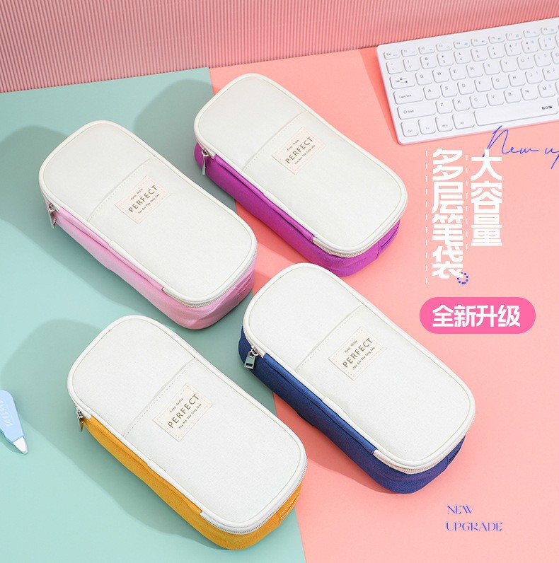 Macaron retractable pen case, large-capacity Amazon simple stationery box wholesale, double-layer color-blocked canvas student pen case details Picture