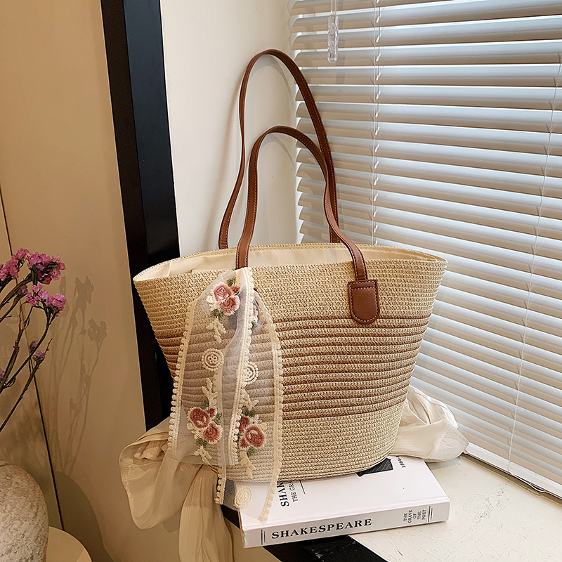 Large-capacity woven straw bag for women, 2025 new style casual and versatile single-shoulder vegetable basket bag, beach vacation bag Specification drawing
