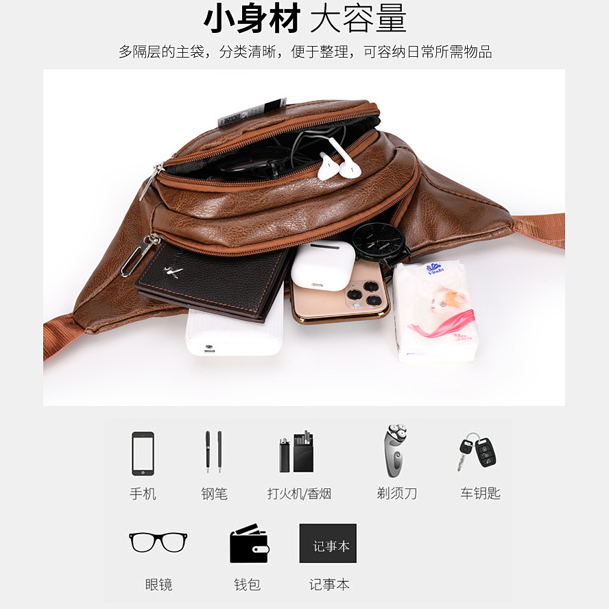 A variety of men's PU leather waterproof waist bags, business crossbody bags, casual and versatile crossbody bags, large-capacity cash register chest bags Specification drawing