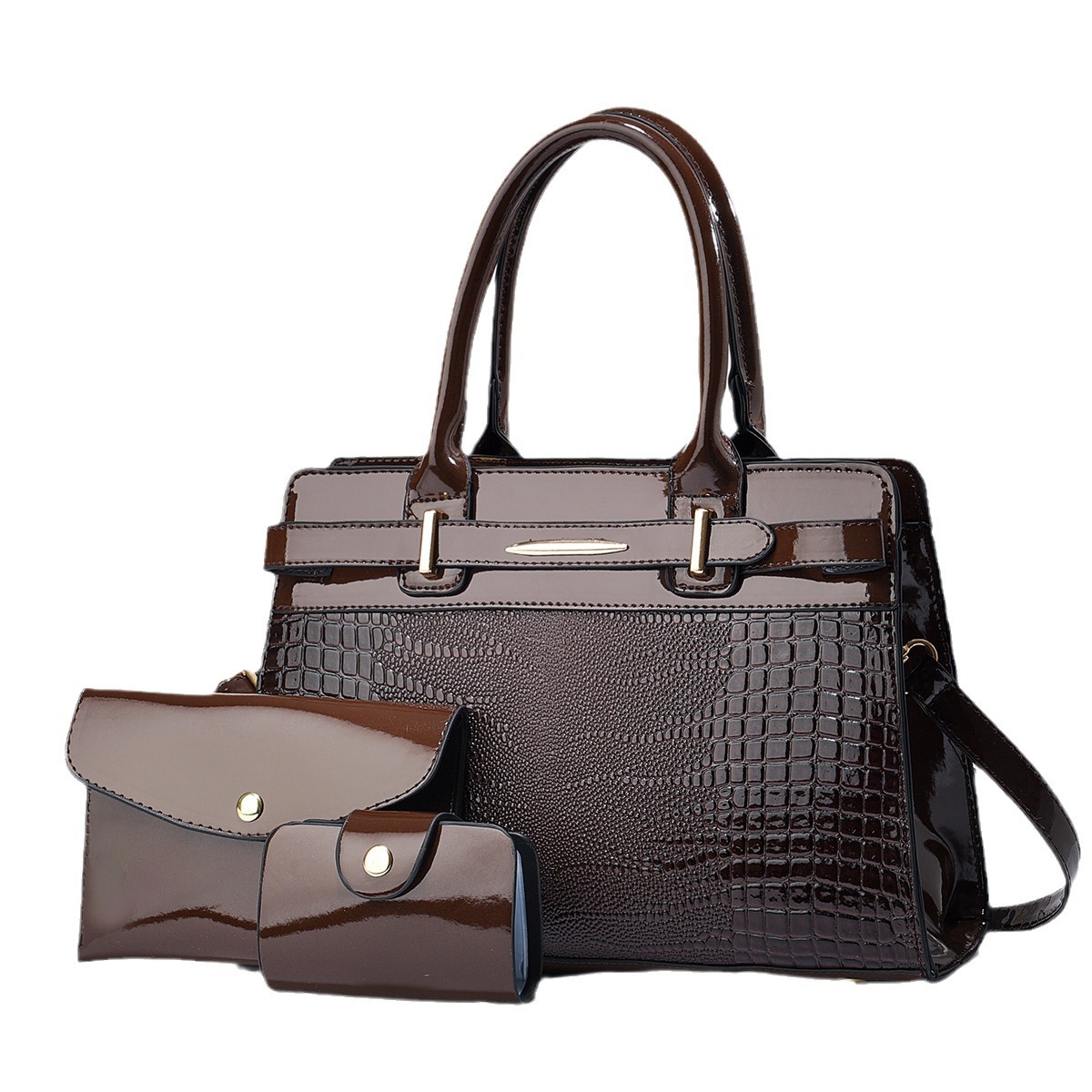 Cross-border shiny leather three-piece set mother and child bag, foreign trade women's bag 2024 new large-capacity fashionable crossbody single-shoulder handbag Item Picture