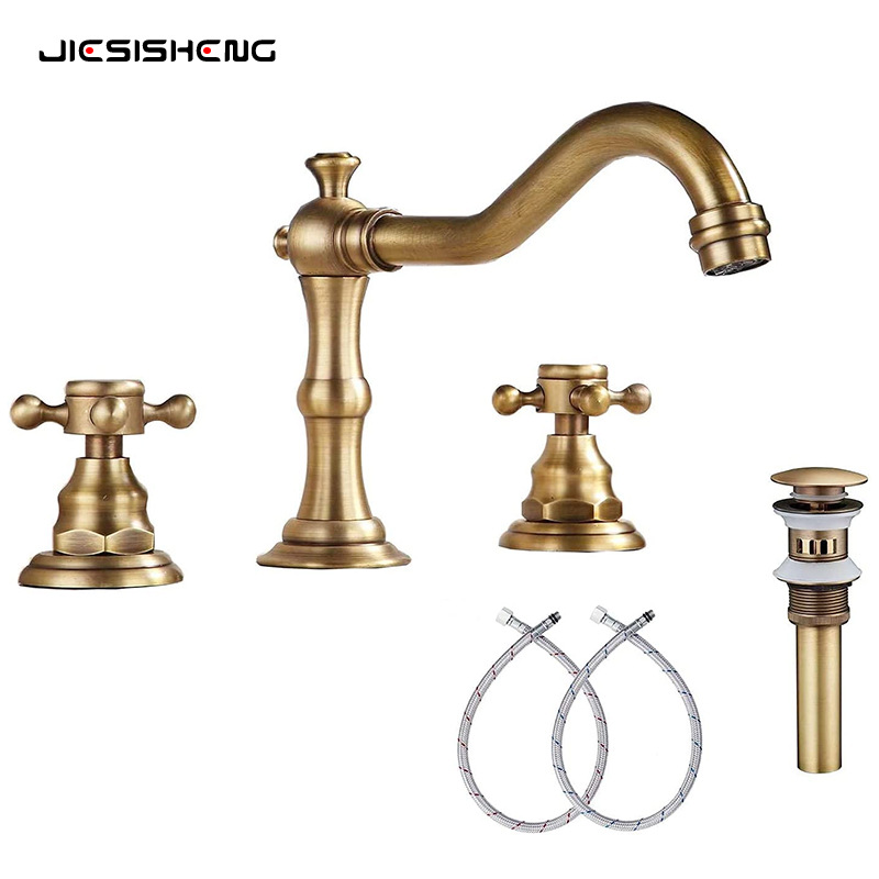 Cross-border French retro brass washbasin faucet three-piece set, double-handle split three-hole cold and hot splash-proof faucet Item Picture