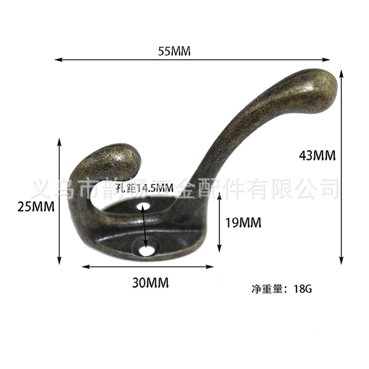New coat hooks, alloy retro hooks, cabinet and bathroom coat hooks, wall hooks, old-fashioned single hooks for export, 55*43 Specification drawing