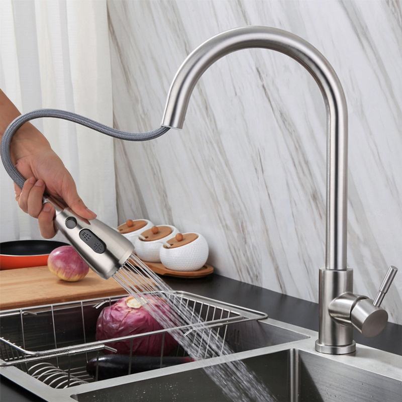 Cross-border pull-out 304 stainless steel kitchen faucet, splash-proof hot and cold sink, universal telescopic sink faucet details Picture